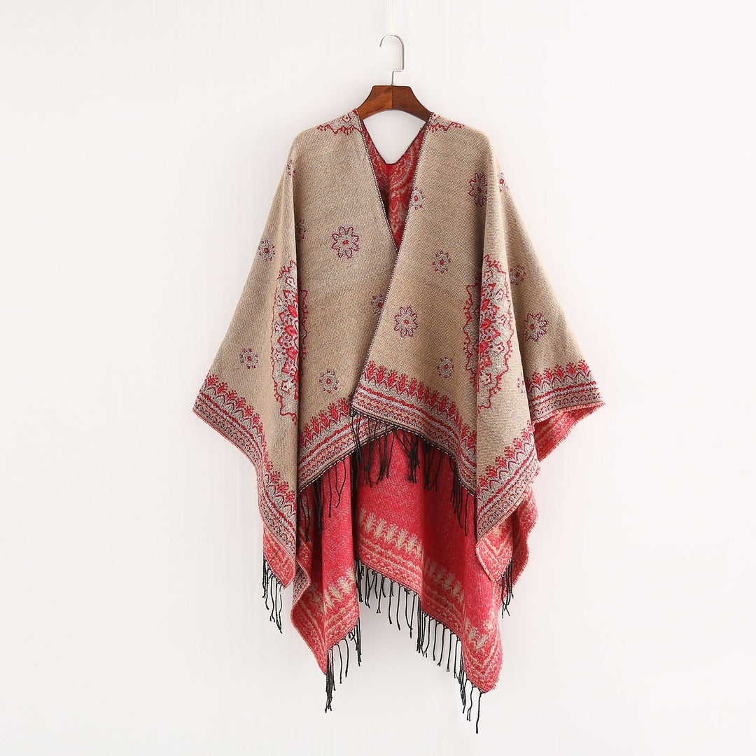 Damen Jacquard-Poncho im Oversize-Kimono-Fall mit Fransen Drune