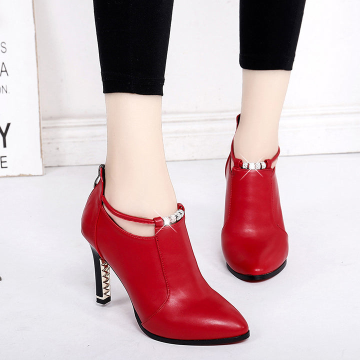 Damen nan elegante knöchelhohe Stiefelette mit spitzer Form Schmuckriemen und goldbesetztem Stilettoabsatz Drune
