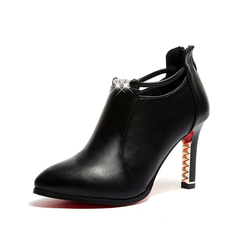Damen nan elegante knöchelhohe Stiefelette mit spitzer Form Schmuckriemen und goldbesetztem Stilettoabsatz Drune