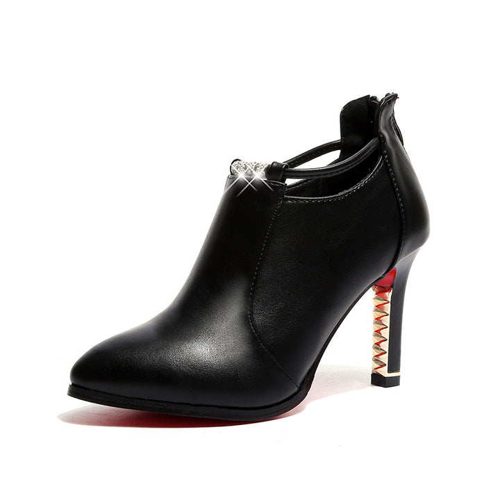 Damen nan elegante knöchelhohe Stiefelette mit spitzer Form Schmuckriemen und goldbesetztem Stilettoabsatz Drune