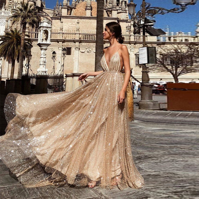 Damen Glamouröses Abendkleid mit tiefem V-Ausschnitt und strahlenden Pailletten Drune