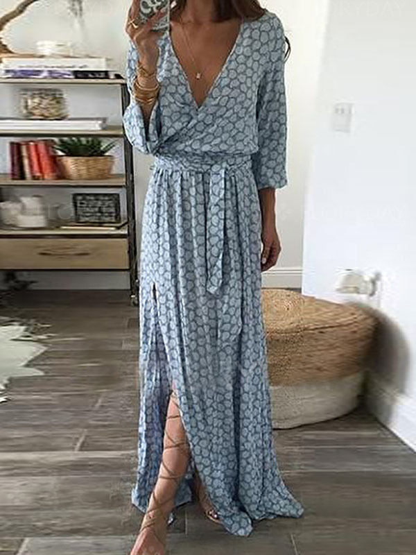 Damen Maxi-Wickelkleid mit tiefem V-Ausschnitt und seitlichem Schlitz Drune