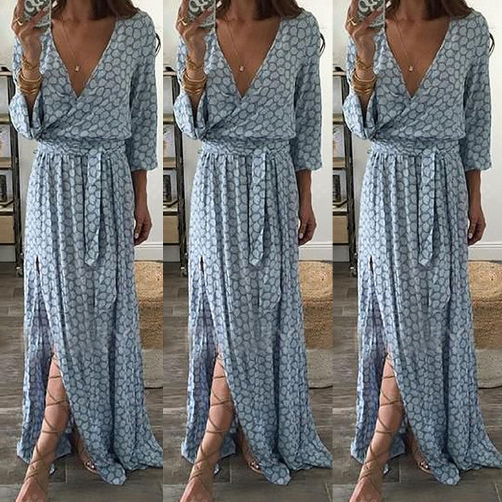 Damen Maxi-Wickelkleid mit tiefem V-Ausschnitt und seitlichem Schlitz Drune