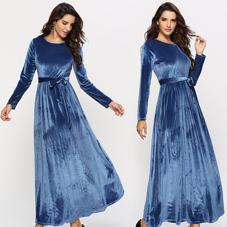 Damen Maxikleid aus Samt mit Taillengürtel und langem A‑Linien‑Rock Drune