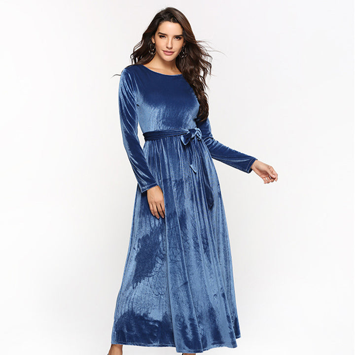 Damen Maxikleid aus Samt mit Taillengürtel und langem A‑Linien‑Rock Drune