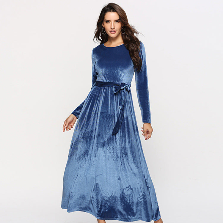 Damen Maxikleid aus Samt mit Taillengürtel und langem A‑Linien‑Rock Drune