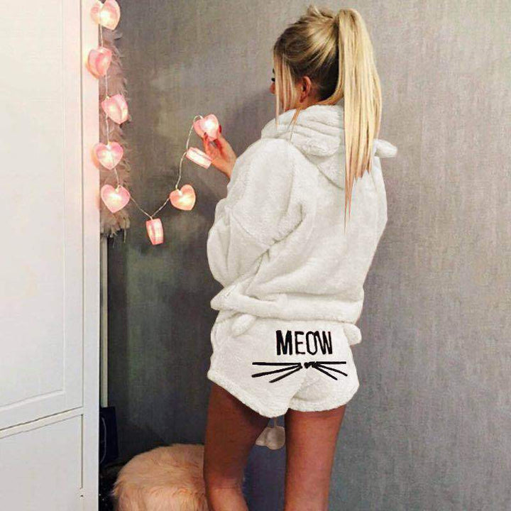 Damen nan kuscheliges zweiteiliges Lounge-Set mit Kapuzenpullover und Shorts mit MEOW-Stickerei Drune