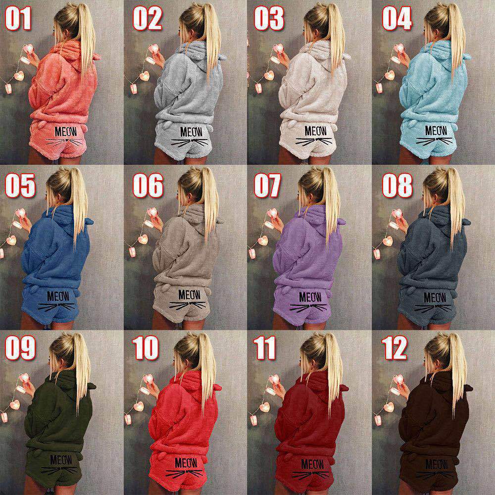 Damen nan kuscheliges zweiteiliges Lounge-Set mit Kapuzenpullover und Shorts mit MEOW-Stickerei Drune