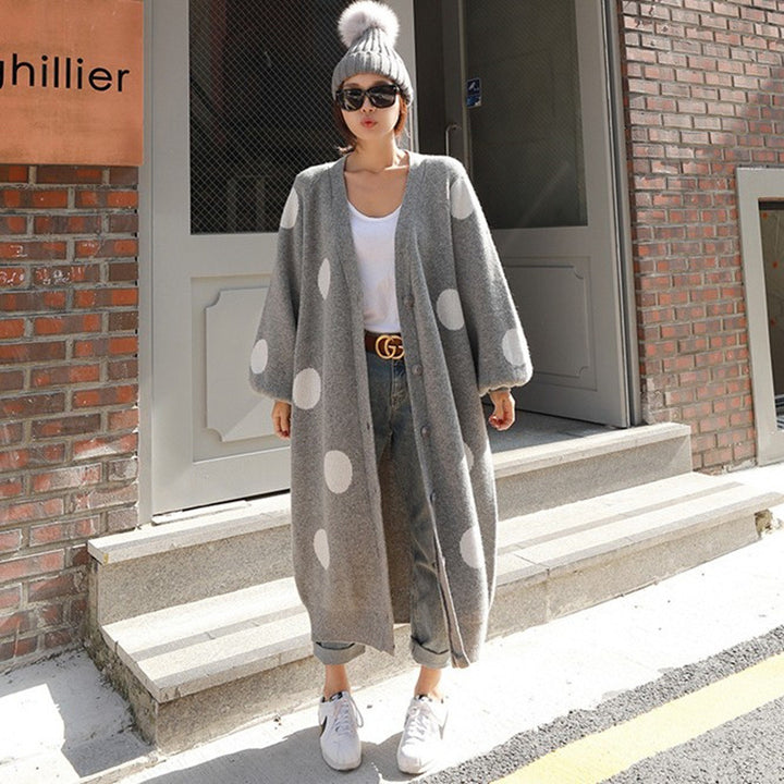 Damen Langer Oversize-Strickmantel mit großem Polka‑Dot‑Muster, Ballonärmeln und offener Front Drune