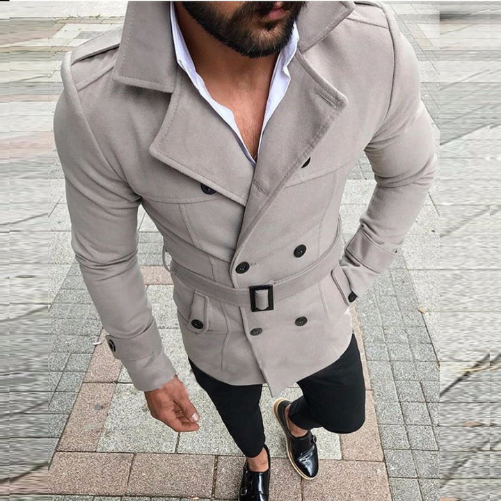 Herren eleganter Trenchcoat mit modischem Gürtel und doppelter Knopfleiste Drune
