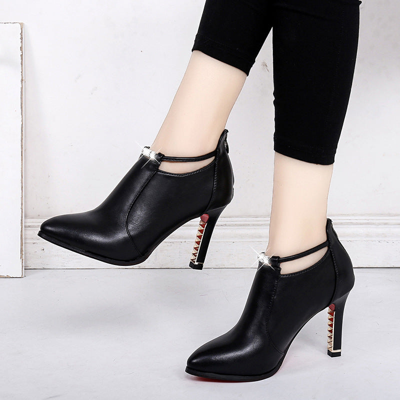 Damen nan elegante knöchelhohe Stiefelette mit spitzer Form Schmuckriemen und goldbesetztem Stilettoabsatz Drune