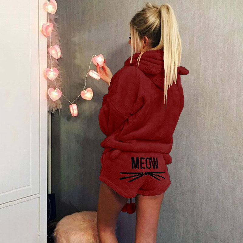 Damen nan kuscheliges zweiteiliges Lounge-Set mit Kapuzenpullover und Shorts mit MEOW-Stickerei Drune