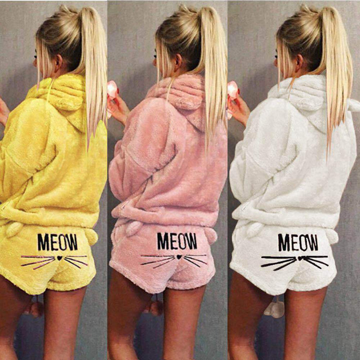 Damen nan kuscheliges zweiteiliges Lounge-Set mit Kapuzenpullover und Shorts mit MEOW-Stickerei Drune