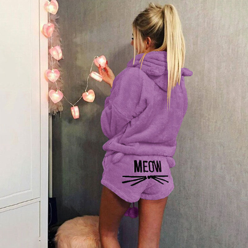 Damen nan kuscheliges zweiteiliges Lounge-Set mit Kapuzenpullover und Shorts mit MEOW-Stickerei Drune