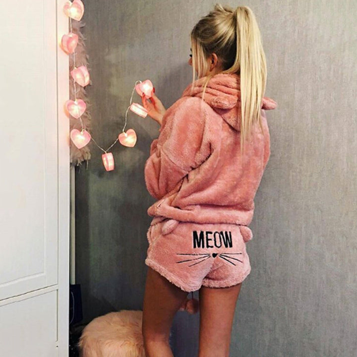 Damen nan kuscheliges zweiteiliges Lounge-Set mit Kapuzenpullover und Shorts mit MEOW-Stickerei Drune