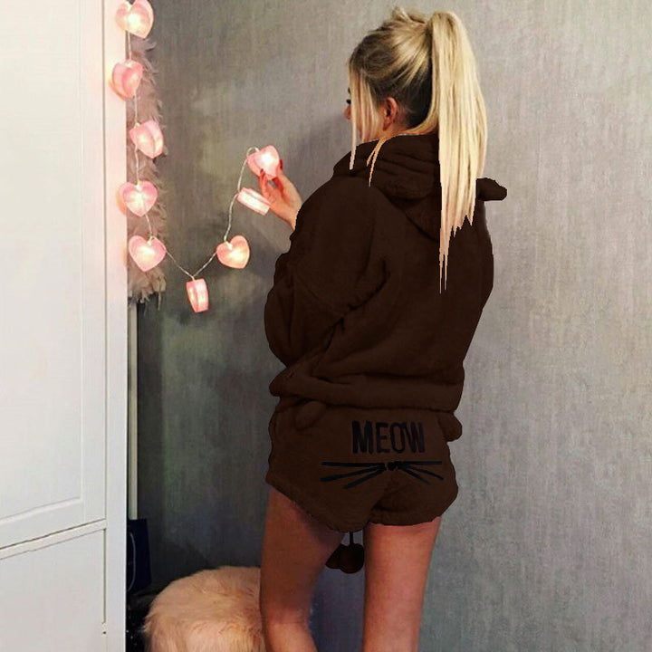 Damen nan kuscheliges zweiteiliges Lounge-Set mit Kapuzenpullover und Shorts mit MEOW-Stickerei Drune