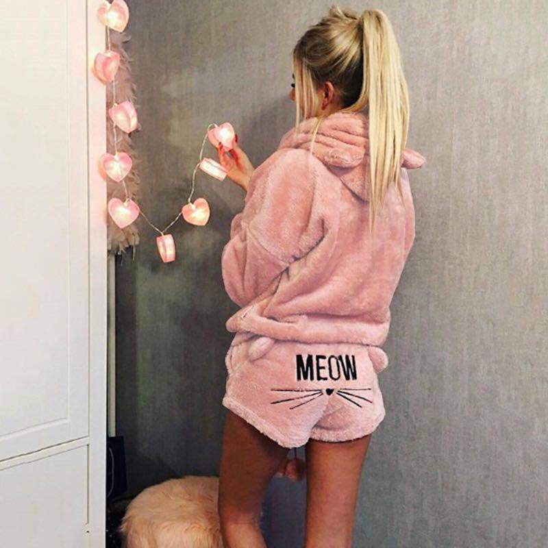 Damen nan kuscheliges zweiteiliges Lounge-Set mit Kapuzenpullover und Shorts mit MEOW-Stickerei Drune