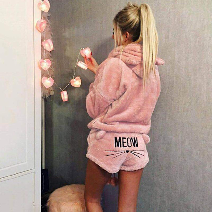 Damen nan kuscheliges zweiteiliges Lounge-Set mit Kapuzenpullover und Shorts mit MEOW-Stickerei Drune