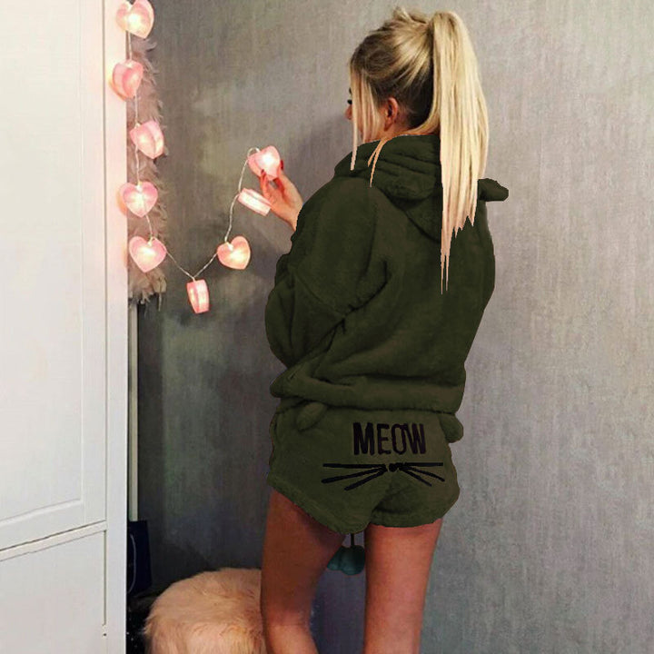 Damen nan kuscheliges zweiteiliges Lounge-Set mit Kapuzenpullover und Shorts mit MEOW-Stickerei Drune