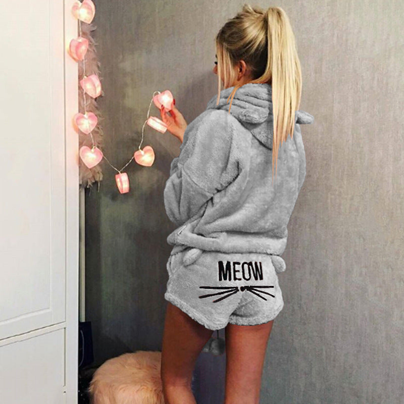 Damen nan kuscheliges zweiteiliges Lounge-Set mit Kapuzenpullover und Shorts mit MEOW-Stickerei Drune