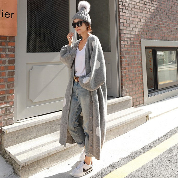 Damen Langer Oversize-Strickmantel mit großem Polka‑Dot‑Muster, Ballonärmeln und offener Front Drune