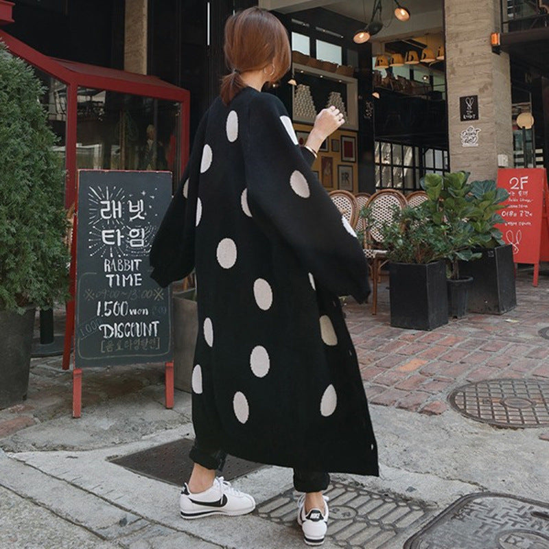 Damen Langer Oversize-Strickmantel mit großem Polka‑Dot‑Muster, Ballonärmeln und offener Front Drune