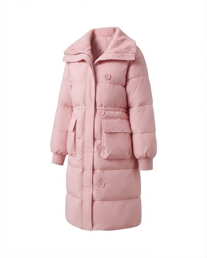 Damen langer gepolsterter Mantel mit Sherpa-Schalkragen, Taille mit Kordelzug und großen Klappentaschen