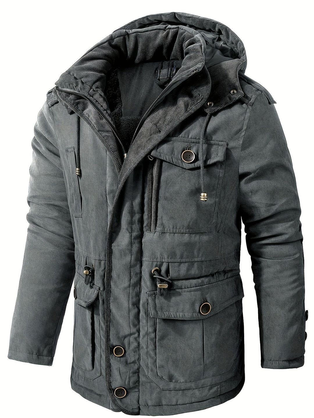 Drune | Warme Fleece Multi Taschen Kapuzen Cargo Winterjacke - Perfekt für Freizeitaktivitäten