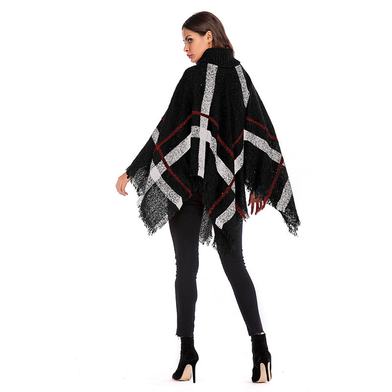 Damen Grobgestricktes Poncho mit Rollkragen, Fransen & Karomuster Drune