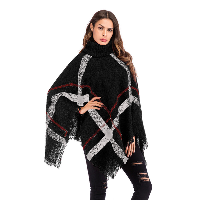 Damen Grobgestricktes Poncho mit Rollkragen, Fransen & Karomuster Drune