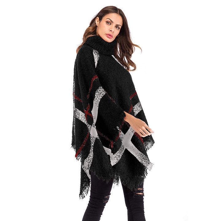 Damen Grobgestricktes Poncho mit Rollkragen, Fransen & Karomuster Drune