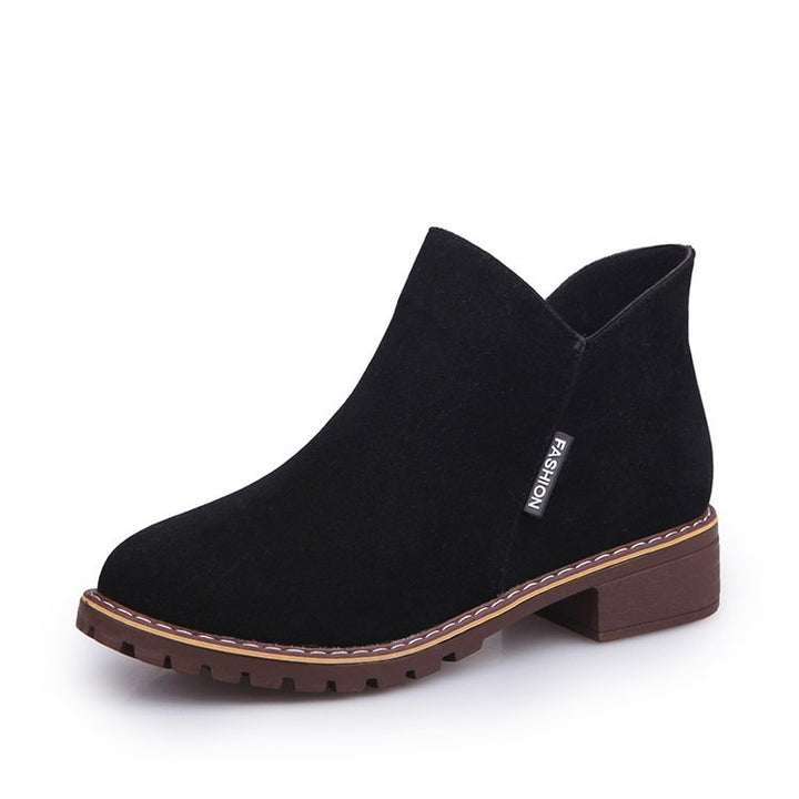 Damen nan knöchelhohe Velourslederimitat-Stiefelette mit robuster Traktorsohle und Komfortabsatz Drune