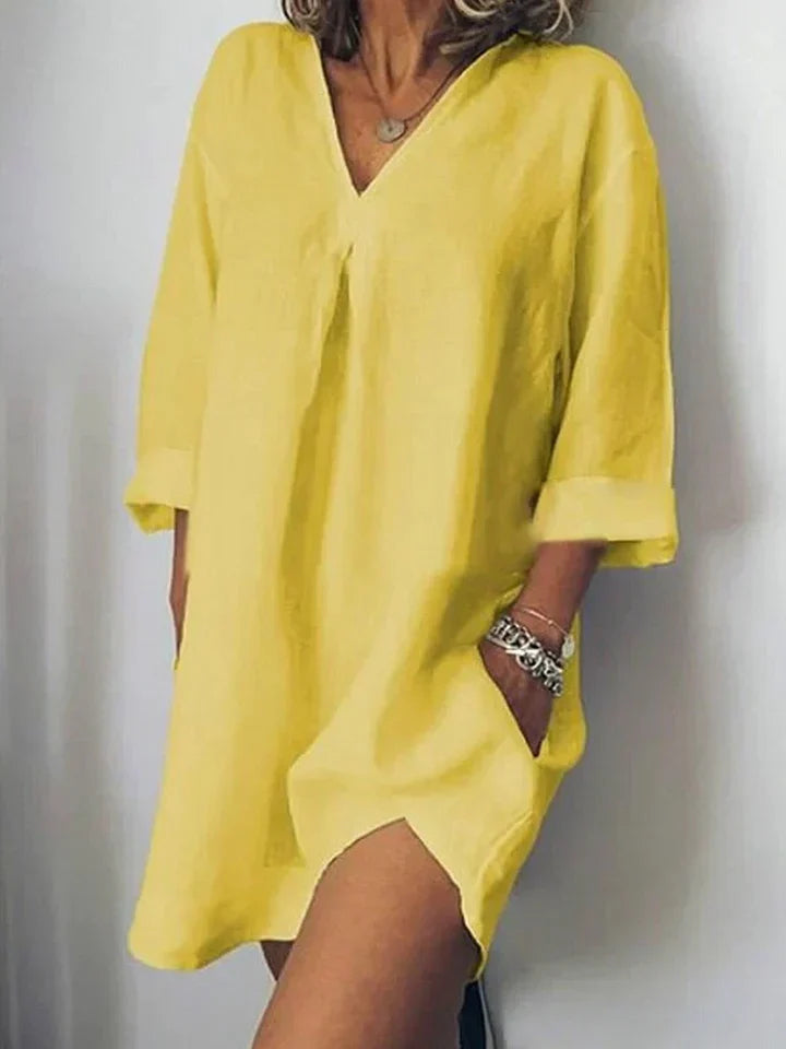 Drune | Leinenkleid V-Ausschnitt & Halbärmel