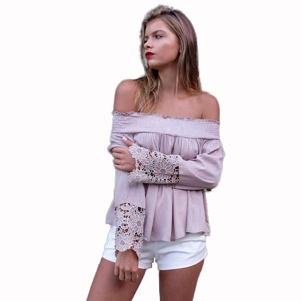 Damen Schulterfreies Boho-Blusentop mit Smokkragen & floralen Spitzen-Bellärmeln Drune