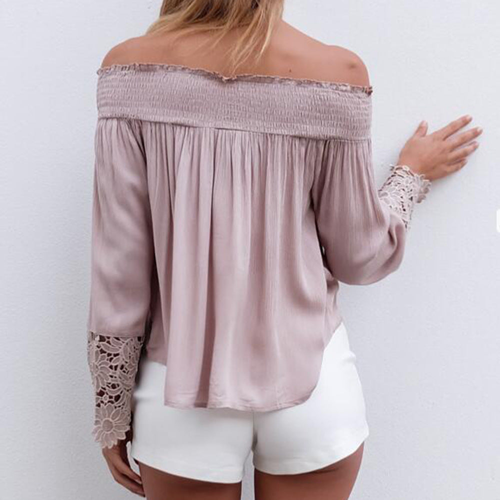 Damen Schulterfreies Boho-Blusentop mit Smokkragen & floralen Spitzen-Bellärmeln Drune