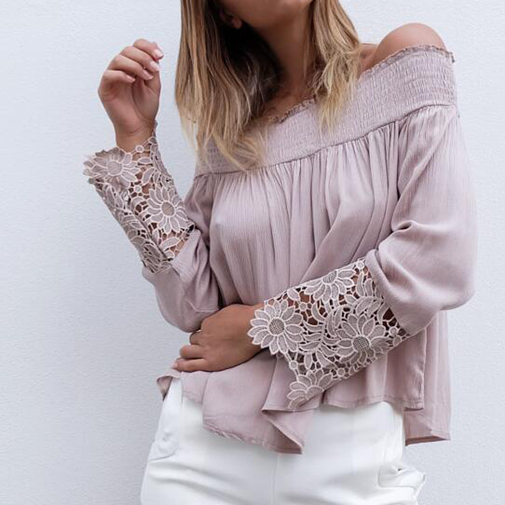 Damen Schulterfreies Boho-Blusentop mit Smokkragen & floralen Spitzen-Bellärmeln Drune