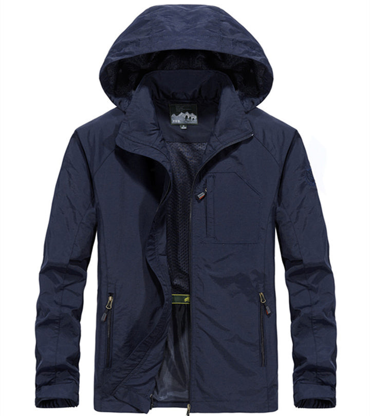 Herren Leichte Allwetter-Fieldjacke mit Kapuze, Mesh‑Innenfutter und Reißverschlusstaschen Drune