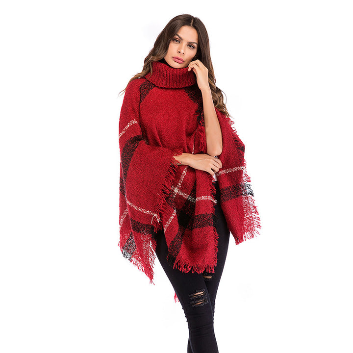 Damen Grobgestricktes Poncho mit Rollkragen, Fransen & Karomuster Drune