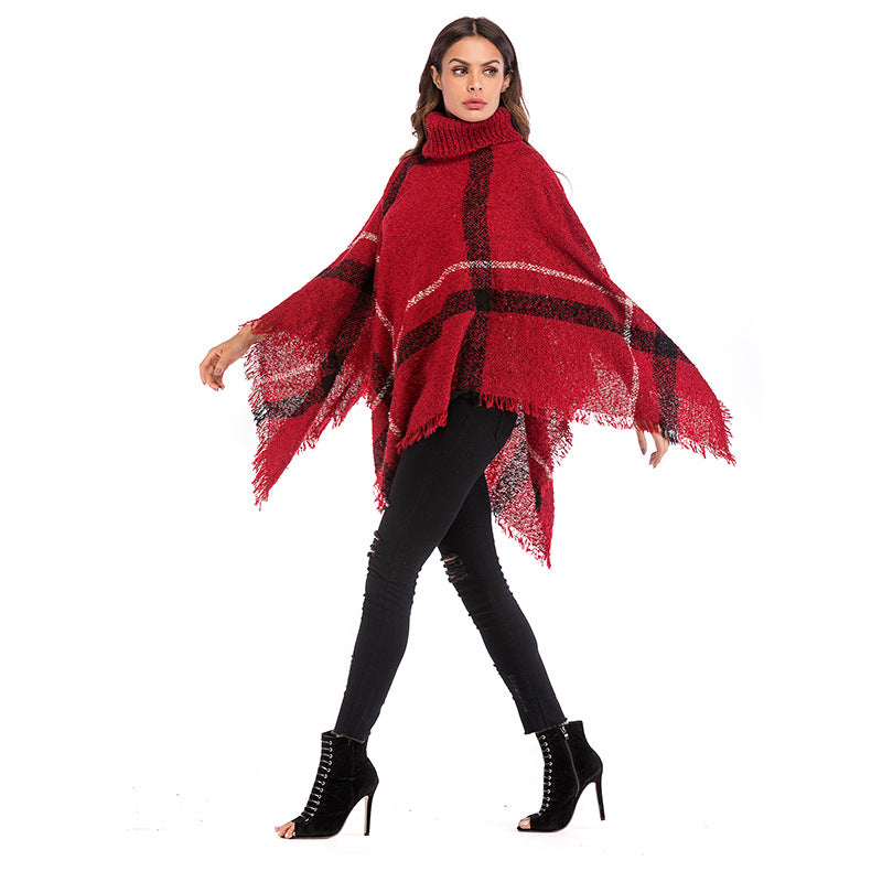 Damen Grobgestricktes Poncho mit Rollkragen, Fransen & Karomuster Drune