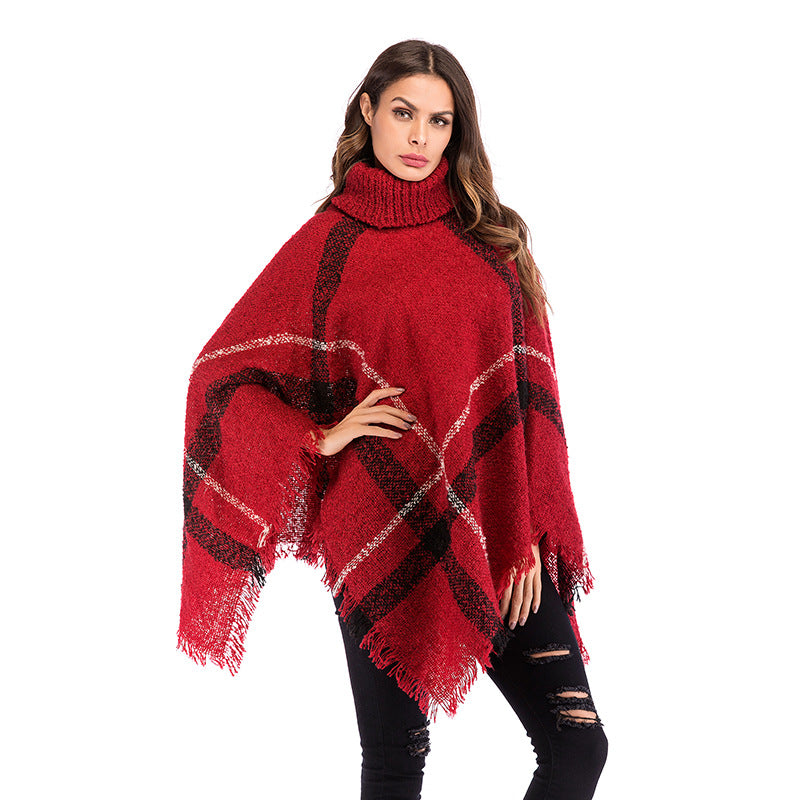 Damen Grobgestricktes Poncho mit Rollkragen, Fransen & Karomuster Drune