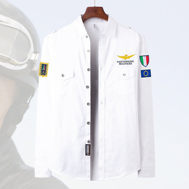 Herren  besticktes Pilotjacke Button-Up Patch-Überhemd mit Klappbrusttaschen Drune