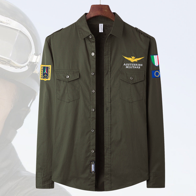 Herren  besticktes Pilotjacke Button-Up Patch-Überhemd mit Klappbrusttaschen Drune
