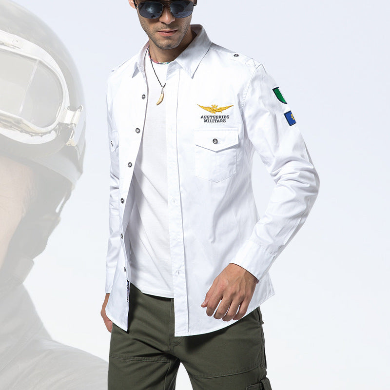 Herren  besticktes Pilotjacke Button-Up Patch-Überhemd mit Klappbrusttaschen Drune