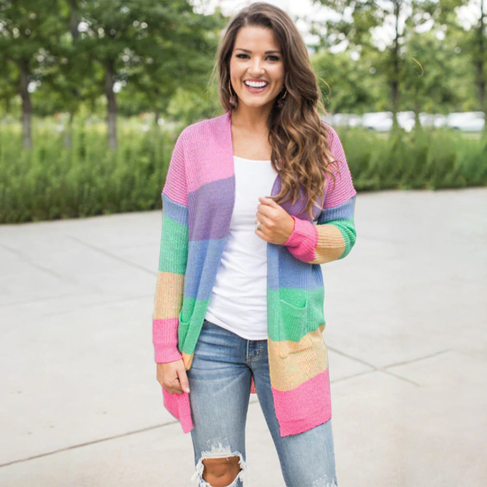 Damen Strickjacke mit buntem Blockmuster und praktischen Taschen Drune