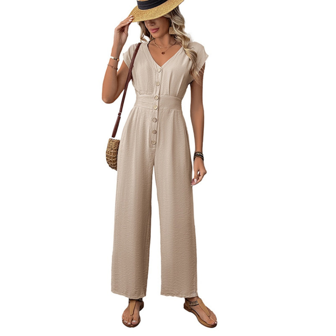 Drune | V-Ausschnitt einfarbiger elastischer Overall mit hoher Taille und weitem Bein