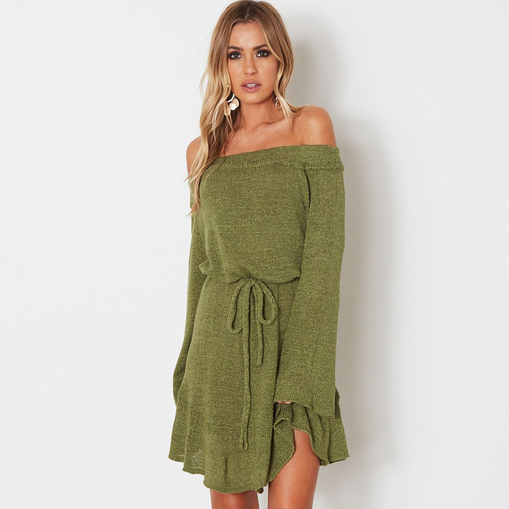 Damen Schulterfreies Strickkleid mit ausgestellten Ärmeln, Taillengürtel & Volant-Saum Drune