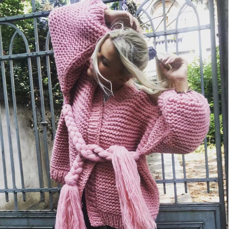 Damen Grobstrick-Cardigan mit geflochtenem Gürtel und langen Ärmeln Drune