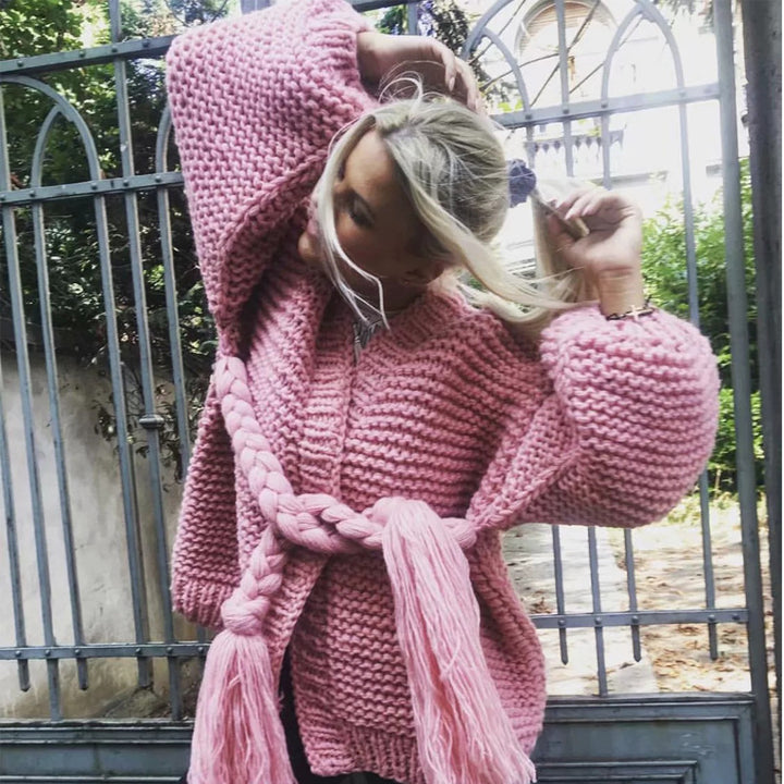Damen Grobstrick-Cardigan mit geflochtenem Gürtel und langen Ärmeln Drune