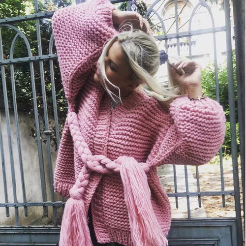 Damen Grobstrick-Cardigan mit geflochtenem Gürtel und langen Ärmeln Drune