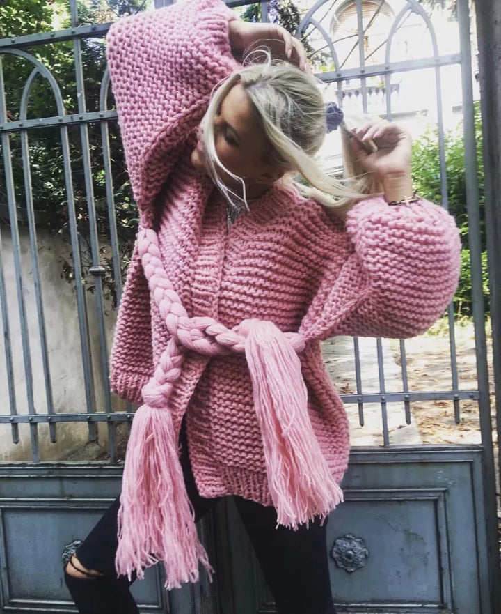 Damen Grobstrick-Cardigan mit geflochtenem Gürtel und langen Ärmeln Drune